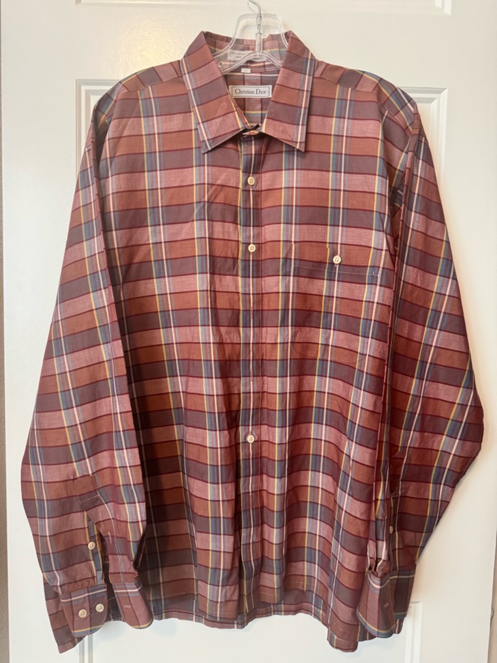 Vintage Christian Dior Style Plaid Button Front Shirt Cotton Blend